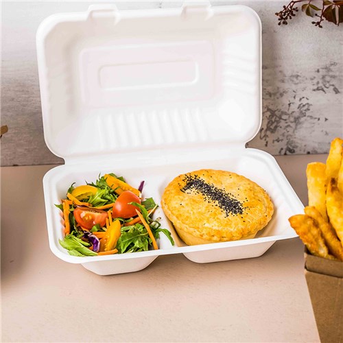 Sugarcane Clam Two Compartment White 250x163x60mm Earth Essentials