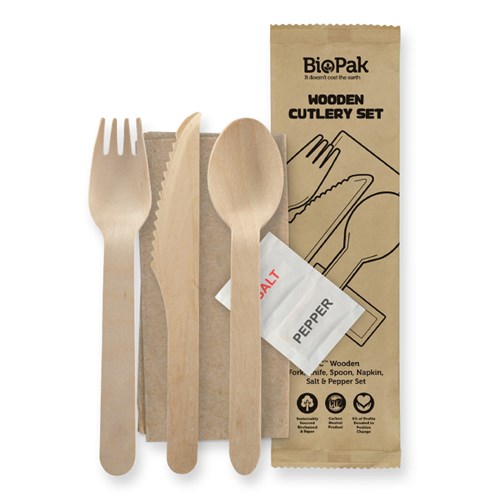 3445830 - Biocutlery Meal Pack Wood 16Cm Knf/Frk/Spn & Napkin 400/Ctn